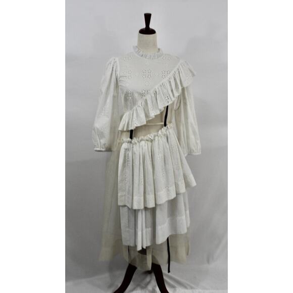 Women's Sz 4 6 Ivory Eyelet Platelet Dress Midi Layered - Picture 1 of 16